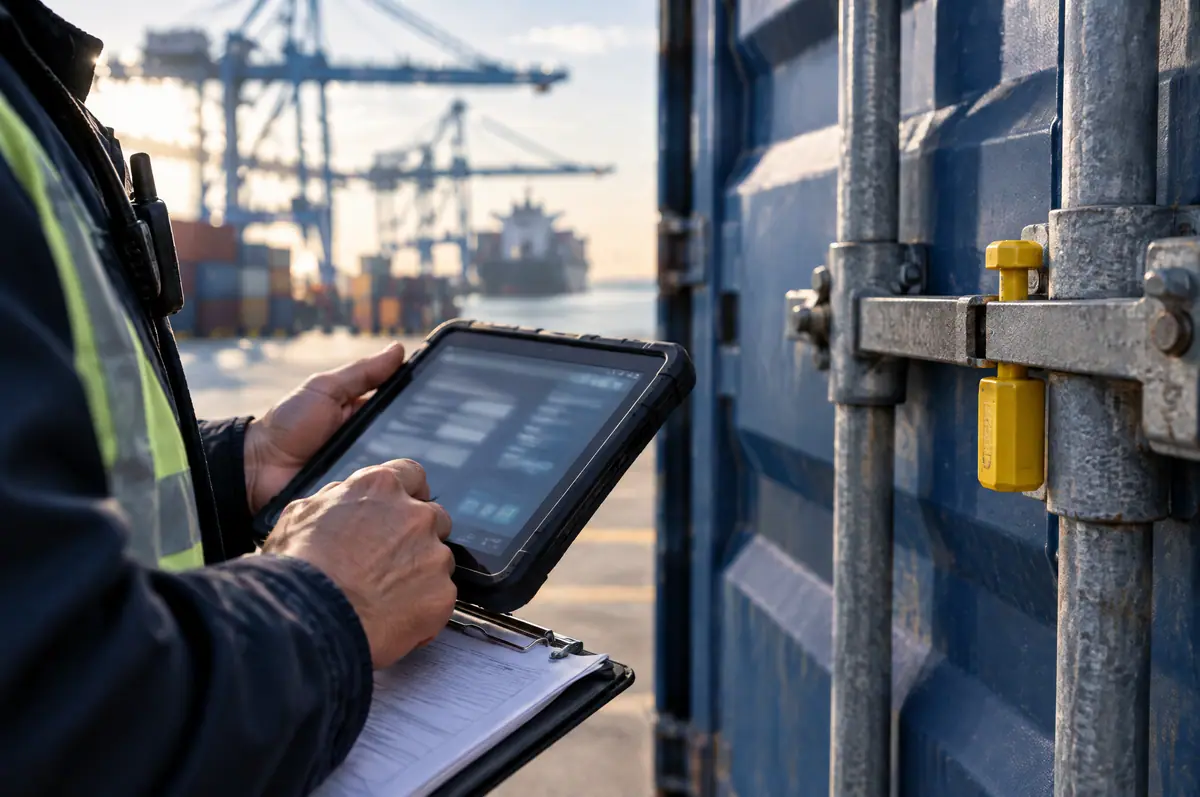 Customs officer checking a sealed shipping container with a tablet