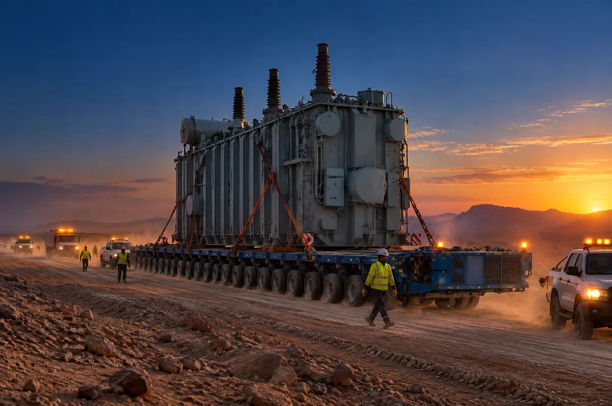 Power transformer on a multi-axle modular trailer crossing a desert site at dusk