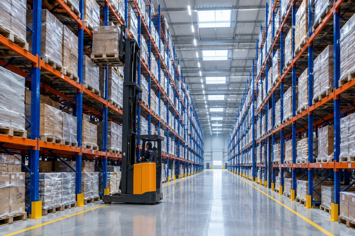 High-bay warehouse aisle with tall pallet racking and a reach truck